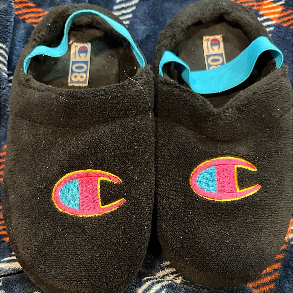 Champion, size 8, slippers, has a bit of fur, cleanable, comfy, soft